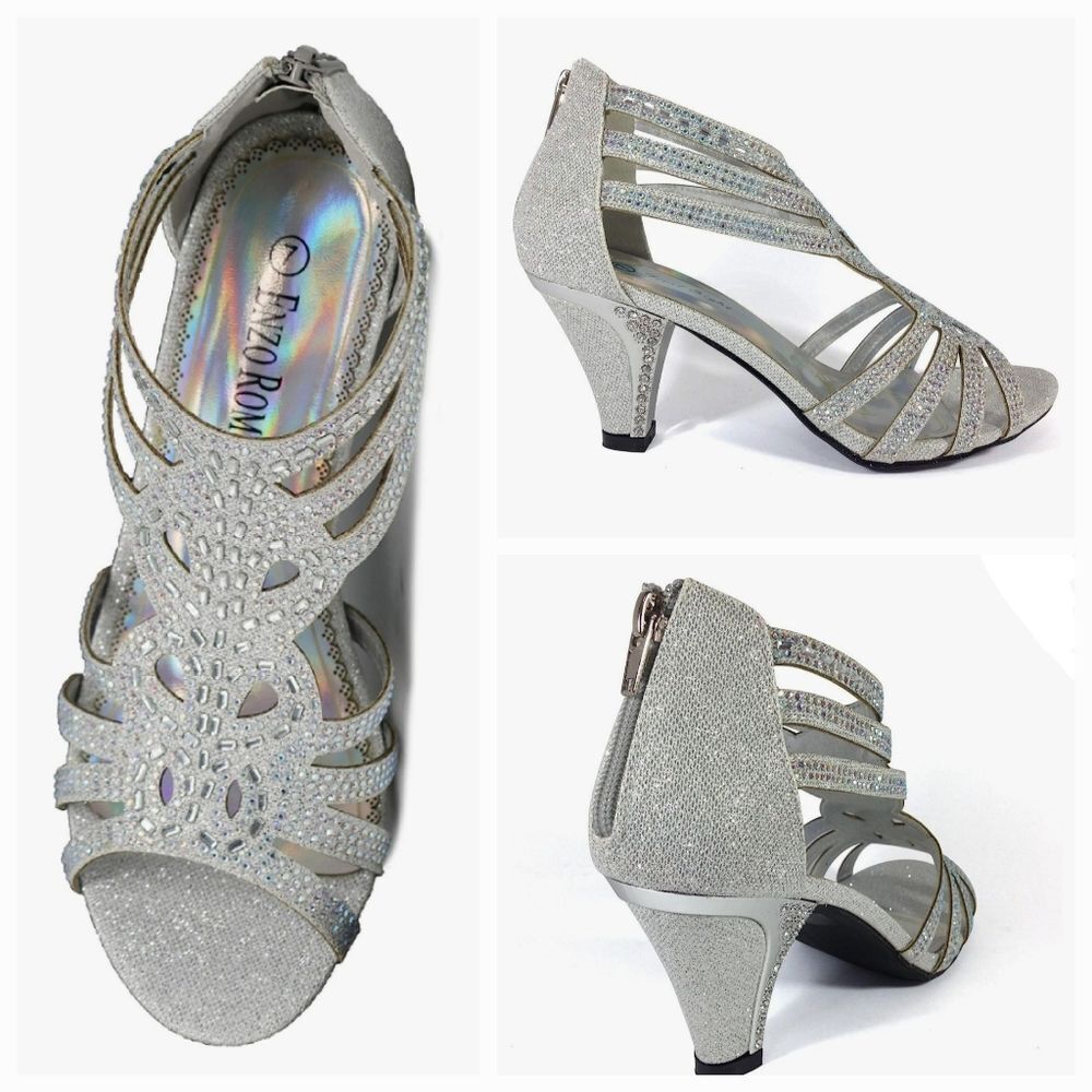 🩵NWOB Silver Rhinestone Zippered Open Toe Heels Size 8